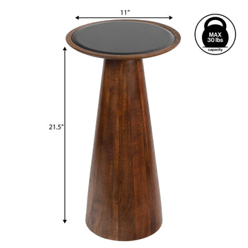 Linden 21.5" Farmhouse Industrial Mango Wood Drink Table and Decorative End Table with Round Black Glass Top and Cone Pedestal Base